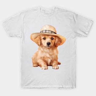 Watercolor Golden Retriever Dog in Straw Hat T-Shirt